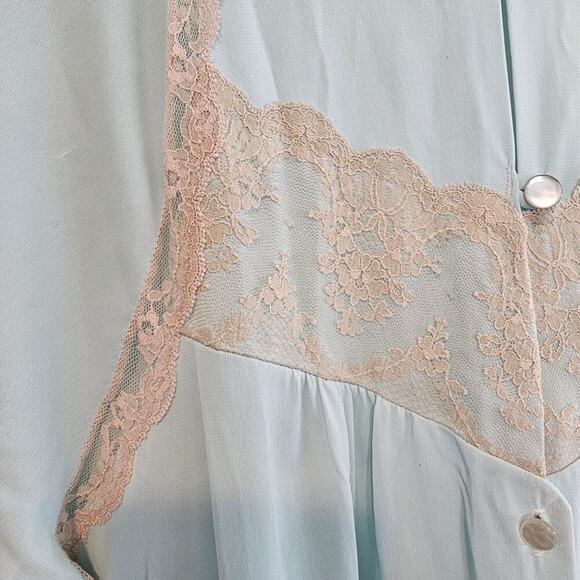 Vintage Lace Robe Womens Size Large 80s Pastel Blue Satin Cottage Romantic Retro - Picture 4 of 11